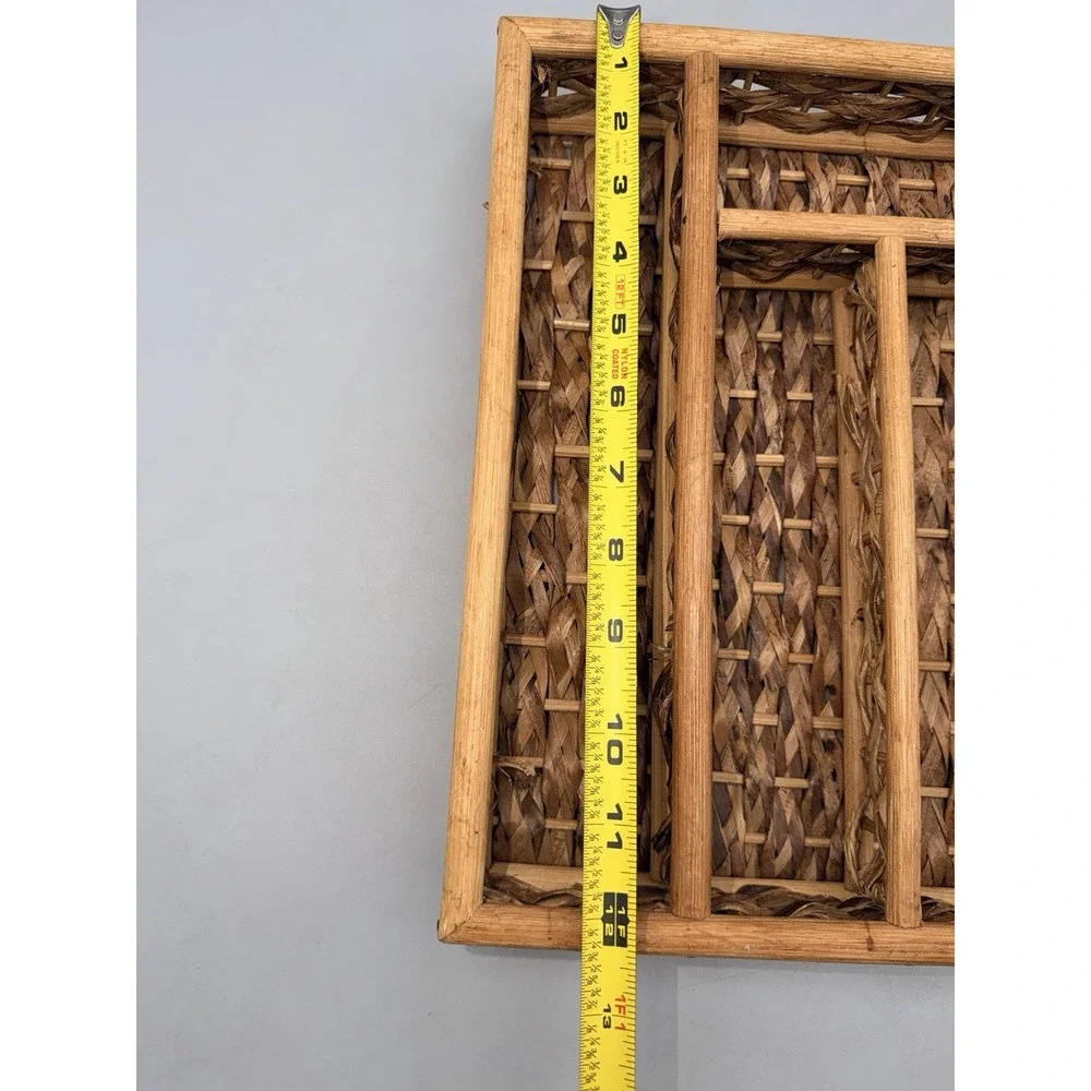 Vintage Woven Wicker Rattan Flatware Organizer Tray 4 Compartment Bamboo 12